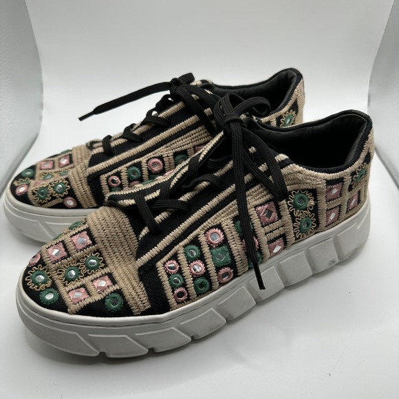Free People Embroidered Mirror Platform Sneakers Black Tan Green Pink Size 39